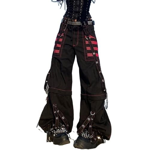 Women Y2k Pants Goth Punk Emo Baggy Bell Bottom Jeans Y2k Wide Leg Harajuku Grunge Pants Hip Hop Clothes - Small - Black-e