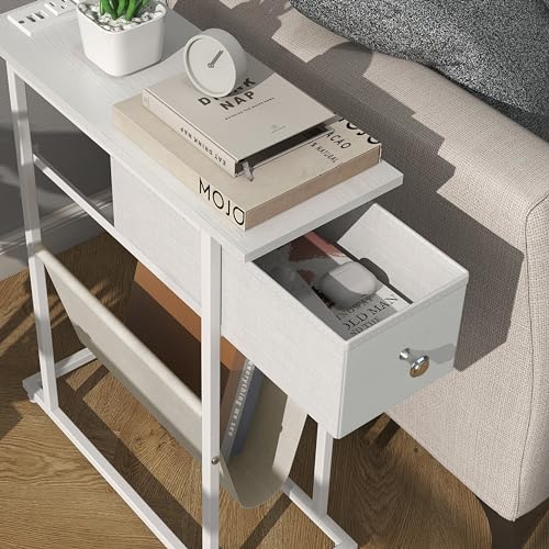 Image of EXOTICA Narrow Side Table for Small Spaces Slim White End Table with Magazine Holder Nightstand with Charging Station and Fabric Drawer 2 in 1 Design Sofa Side Table for Living Room Bedroom