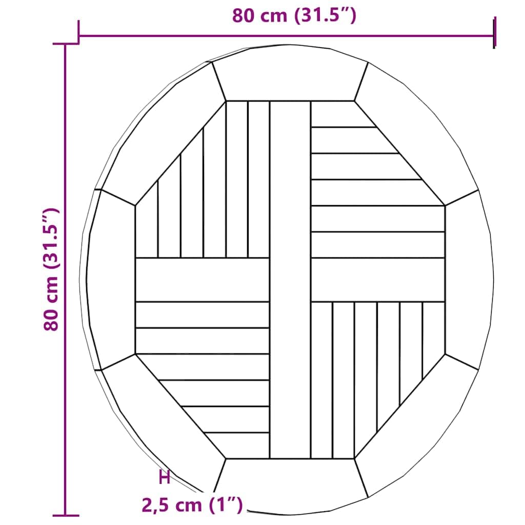 vidaXL Dessus de Table Rond Remplacement Plateau de Table de Salle à Manger Table à Dîner Restaurant 2,5 cm 80 cm Bois de Teck Solide