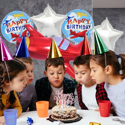Image of Rozi Decoration Airplane Theme Birthday Party Foil Balloons Set - Red Plane, Star and Round Happy Birthday Balloons Decoration Kit for Kids Party Supplies Set of 5 Pcs