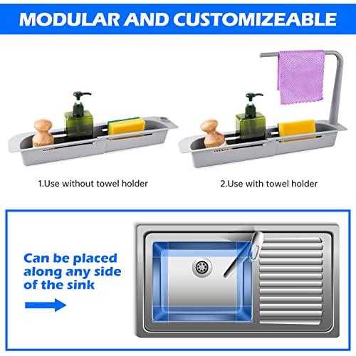 Nihome Telescopic Kitchen Over Sink Organizer With Towel Hanger, Expandable Slim Drain Basket Multifunctional Caddy Adjustable Length Colander Rack Sponge Holder Storage Tray For Home Bathroom (Grey) #TOP4