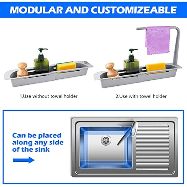 NiHome Telescopic Kitchen Over Sink Organizer with Towel Hanger, Expandable Slim Drain Basket Multifunctional Caddy Adjustable Length Colander Rack Sponge Holder Storage Tray for Home Bathroom (Grey)