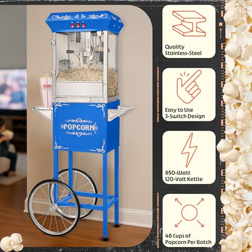 Image of Foundation Popcorn Maker Machine with Cart - 8oz Stainless Steel Kettle Makes up to 48 Cups - Movie Theater Style Vintage Popcorn Machine Cart on Wheels by Great Northern Popcorn (Blue)