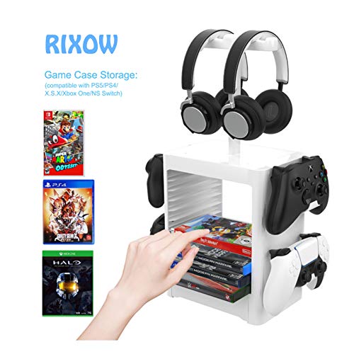 RIXOW Soporte Multifuncional de Almacenamiento de Juegos, Rack de Almacenamiento en Disco de 10 Juegos con Cajón, Soporte para Controlador Auricular Compatible con PS5 PS4 Xbox Series, Gris Claro - imagen 3
