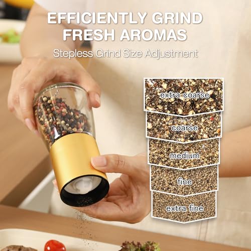 Image of Marve Stainless Steel Salt and Pepper Grinder with Adjustable Coarseness with 5 Grinding Level Black Pepper Mill Grinder Shaker Stainless Steel Lid Adjustable Coarseness (Golden)