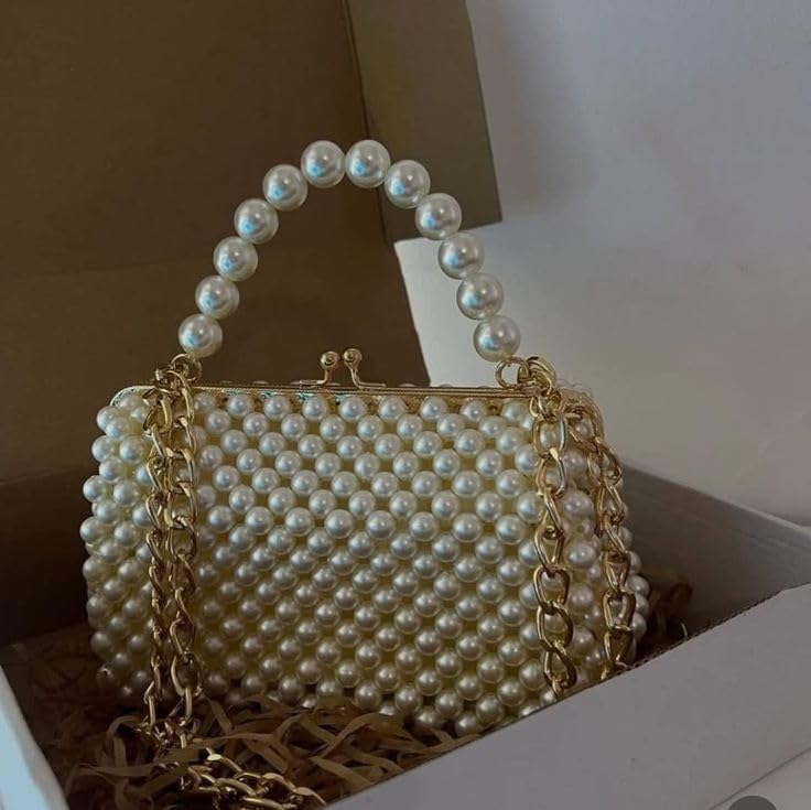 Royal Pearl Luxury Handbag, Elegant Pearl Embellished Kiss Lock Purse with Gold Metal Frame, Detachable Chain Strap, Satin Lining, Perfect for Weddings, Parties, Events 2