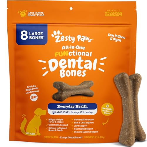 Zesty Paws Dental Bones - Fights Tartar & Plaque - Gum, Teeth & Bone Health - Cinnamon for Dog Breath - Immune, Joint, Gut, Skin & Coat Support - Omega 3 EPA & DHA and Calcium - Large Dogs - 8 ct