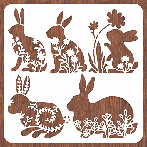 INFUNLY Easter Rabbit Stencil for Painting 11.8x11.8 Happy Spring Flower Wall Stencils Washable Plastic Bunny Rabbit Drawing Stencils Painting Templates on Wood for Wall Art DIY Home Decor
