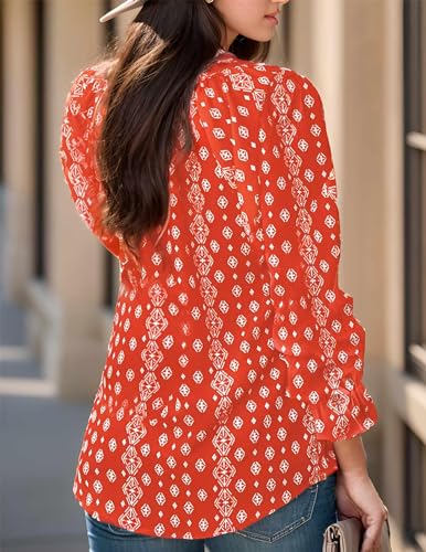 Womens Boho Floral Printed Blouse Dressy Tops Drawstring Casual V Neck Lantern Long Sleeve Shirts2