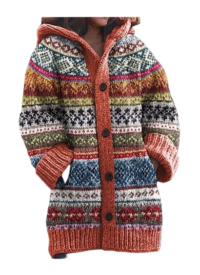 Womens Oversized Fair Isle Hooded Drawstring Coat Jacket Winter Button Down Cardigan Pullovers with Pockets