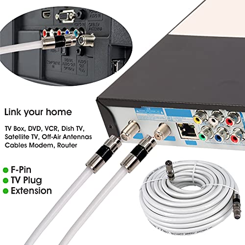 15ft, White RG6 Coaxial Cable with F Connector,F81/RF Double Female Adapter, Low Loss High Speed Coax Cable Cord Extender for HD TV, Dish,Satellite, Antenna, TV Cable 15'