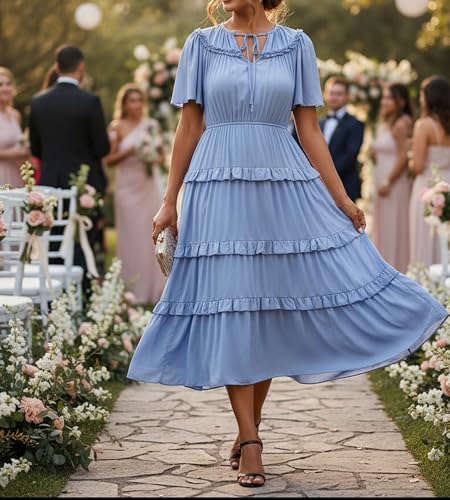 Image of Women's Short Sleeve Summer Boho Pleated Rayon Mid Dresses with Pockets for Wedding Guest
