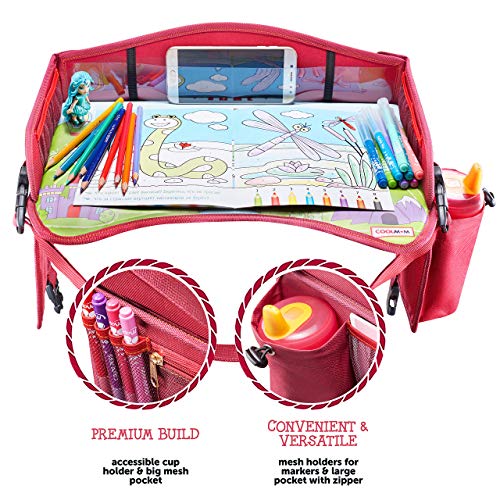 Coolmum Kids Travel Tray, Toddler Car Seat Tray, Activity Organizer, Snack Lap Tray, Baby Stroller Tray, Airplane Play Table, Waterproof and Foldable (Premium Red/Pink) - Thumbnail 3
