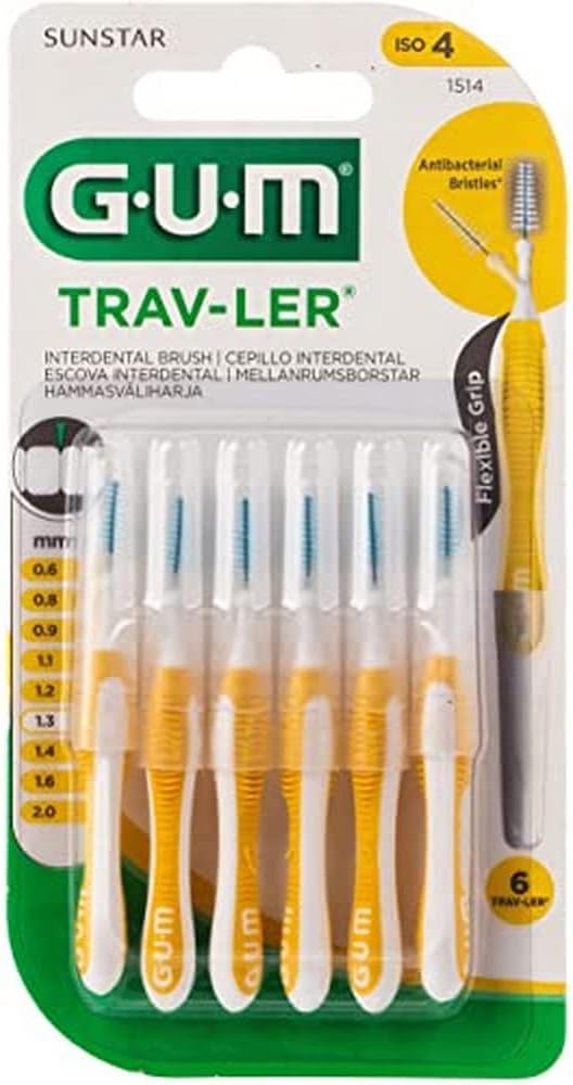 Trav-Ler Plaque Removal-Tapered Interdental Brush -Yellow- Ergonomic Comfort Flex Handle-Removes upto 25% more plaque-Wire is Coated - Anti Bacterial Protection Bristles - Use Gently - 6 pcs