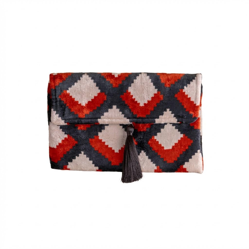 Bolso Ikat de terciopelo de seda hecho a mano, estilo sobre, diseño bohemio, patrón étnico, opción de correa de cadena, bolso de mano de fiesta de noche, bolso de mano de alta calidad, blanco