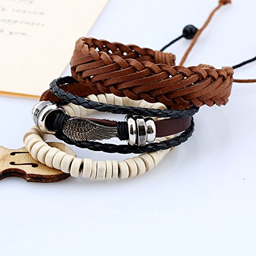 Bracciale Da Uomo In Pelle, Vintage Ala Punk Fascino Beige Perline Di Legno Multistrati Bracciali Schiave Unisex Braccialetto Gioielli Accessori Festival Giovane Dono Amicizia 3Pz/Set Marrone Nero - Foto 4