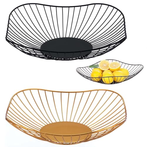 FZYCOM 2 Piezas Fruteros, Negros y Dorados Fruteros para Mesa, Frutero Grande Sobremesa, Cesta Fruta, Fruit Basket, Frutero Grande Sobremesa para Frutas Verduras Snack