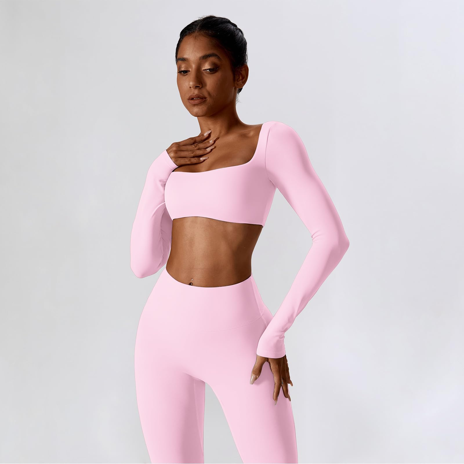 IDOPIP Set sportivo da donna a maniche lunghe per il fitness: set da palestra in due pezzi con maniche lunghe e leggings – abbigliamento sportivo per yoga pilates allenamento