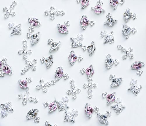 60pcs Planet Nail Charms with Gems, Y2K Sliver Cross Nail Art Charms, 3D Chrome Nails White Pink Saturn Shape Shiny Rhinestones Nail Supplies, Crystal Acrylic Charm for Women