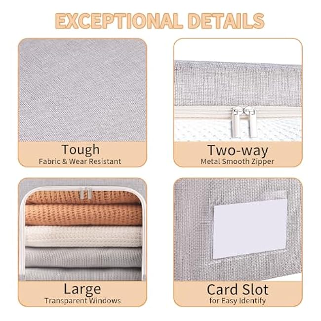 combocube 3-Side Zippered Openings Clothes Storage Bins with Thick Metal Frame, Stackable & Foldable Clothing Storage Bins with Lid, Linen Fabric Closet Storage Box with Large Clear Window, 3 Pack