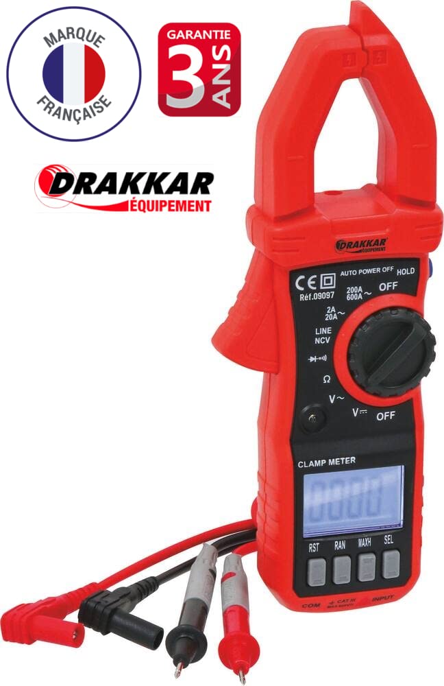Mini pince ampèremétrique de poche Professionnel Antichoc Multimètre numérique Drakkar - SUPERSHOPE - Cat III AC 600A, écran LCD rétroéclairé, NCV et LINE, automatique, Testeur Electrique