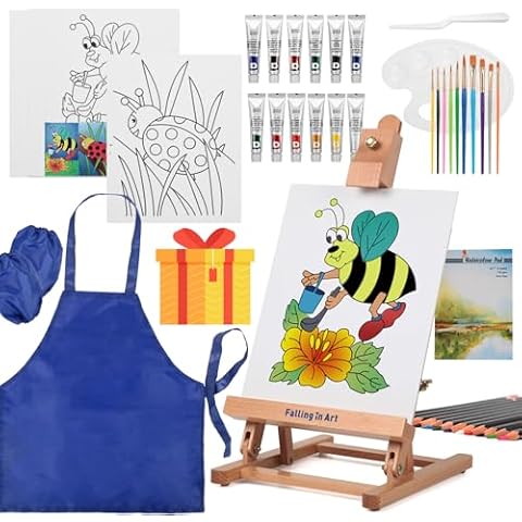 Falling in Art Painting Set for Kids with Table Easel-Acrylic Painting Starter Kit with Art Smock, 12 Acrylic Paints, 12 Water Soluble Colored Pencils, Paint Brushes, Canvas Panels and Watercolor Pad Cover