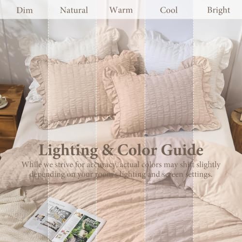Image of JOLLYVOGUE Beige Twin /Twin XL Comforter Set, 2 Pieces Seersucker Lightweight Fluffy Bedding Set, Twin Ruffle Comforter, All Season Soft Microfiber Shabby Chic Bed Set