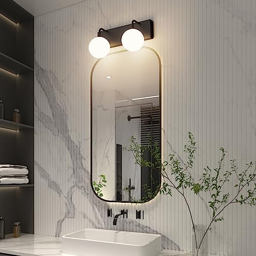 Image of Tipace Black Vanity Light Fixtures, 2-Light Modern Bathroom Light Over Mirror with White Milk White Globe Glass for Bathroom (Exclude Bulb)