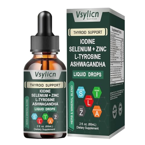 Vsylicn Thyroid Supplement Drops for Women and Men - Energy & Focus Formula with L Tyrosine Iodine Vitamin B12 Complex Zinc Ashwagandha Selenium Copper Coleus Forskohlii - Vegan & Non-GMO 60ml