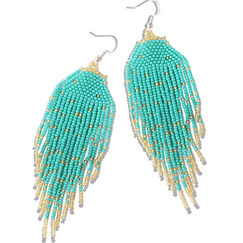 Long Beaded Tassel Earrings – Moon Star Fringe Drop Earrings, Seed Bead Tribal Dangle Earrings, Pendientes De Borla for Women, Girls, Sister, Lover, Party (Mint Star Earrings)