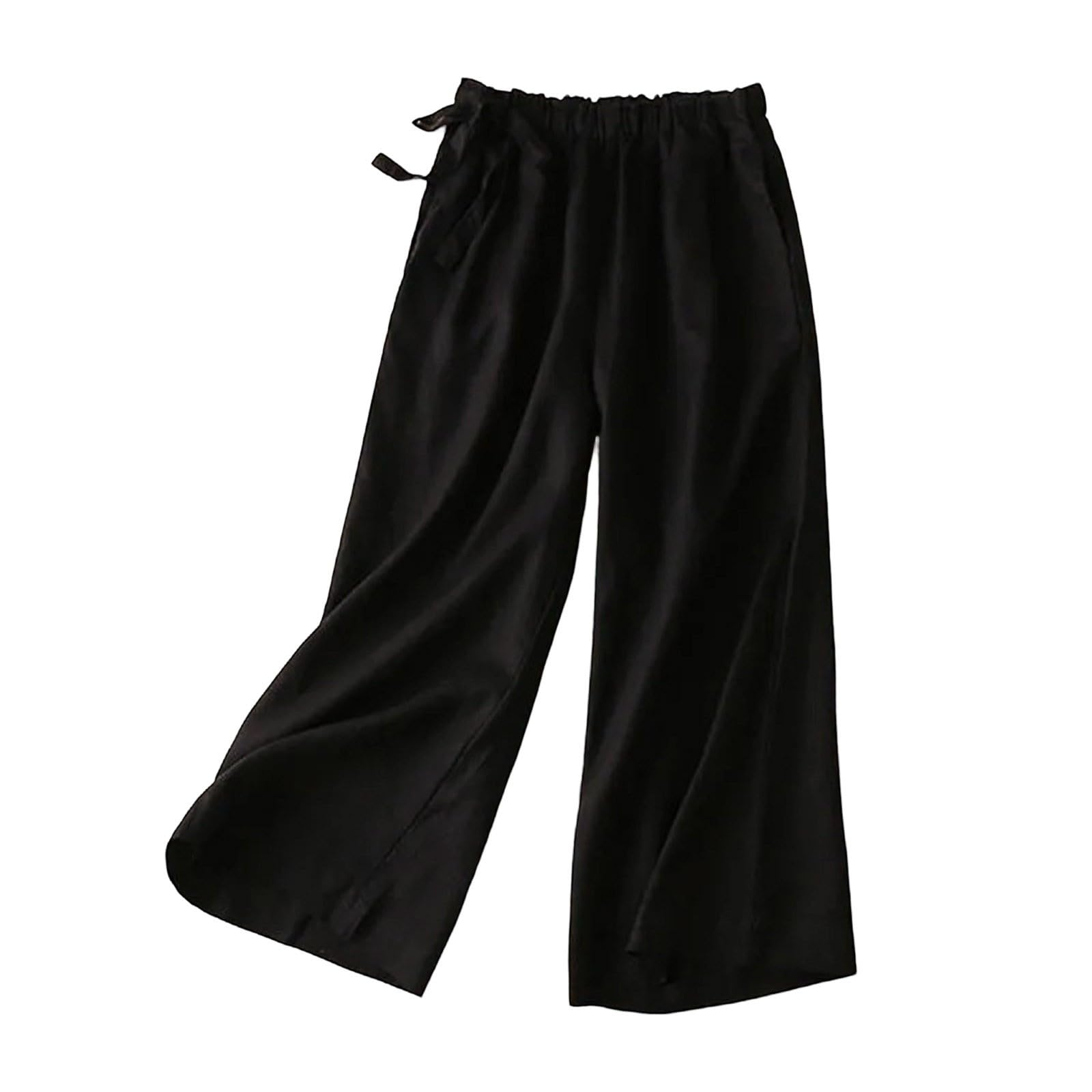 Pantalon Femme Coton et Lin Été Léger Fluide Ample Large Pantalons Chic et Elegant Décontractés de Plage Taille Haute Elastique Pantalons avec Poches Couleur Unie Pantalon Respirant Jogging Pants
