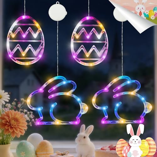 BHCLIGHT 4 Pack Easter Window Lights, Multicolor Bunny and Egg Lights, Battery Operated Easter Window Decorations Light up with Suction Cup and Timer Function for Indoor Window Glass Wall Party Decor