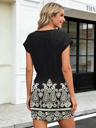Image of SAUKOLE Women Summer T Shirt Dress Casual Short Sleeve V Neck Dress with Pockets Drawstring Waist Short Dresses