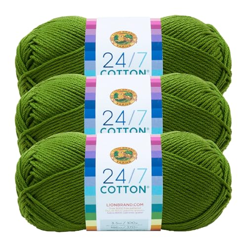 Image of Lion Brand Yarn, 24 /7 Cotton Yarn, Grass, Green, 3 Pack | Light Worsted 100% Mercerized Cotton Yarn for Crochet, Knitting, Craft, 185 Yards of Natural Fiber for Tees, Bags, Dishcloths
