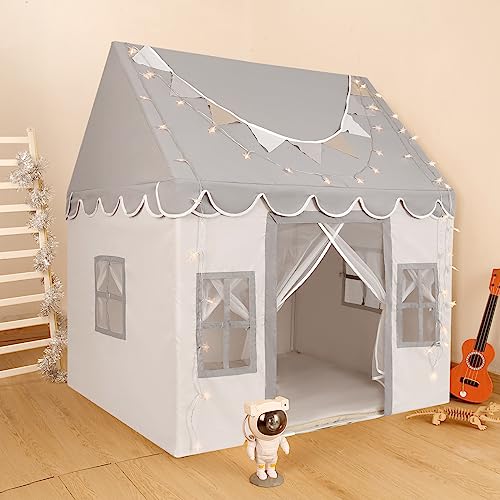 Tienda de campaña grande para niños, tiendas de campaña para niños de 3 a 12 años, tiendas de campaña de juego para niñas y niños con alfombrilla antideslizante, banderas decorativas y luces de