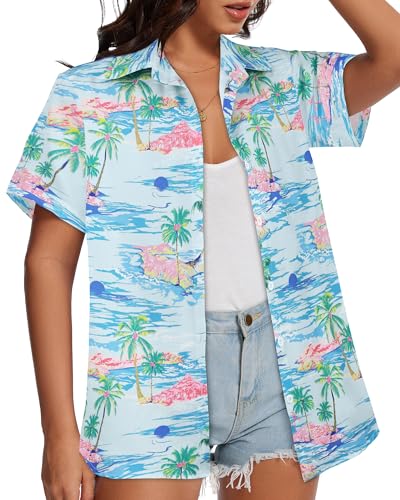 Image of Women Hawaiian Shirt Button Down Summer Tops Beach Short Sleeve Blouse
