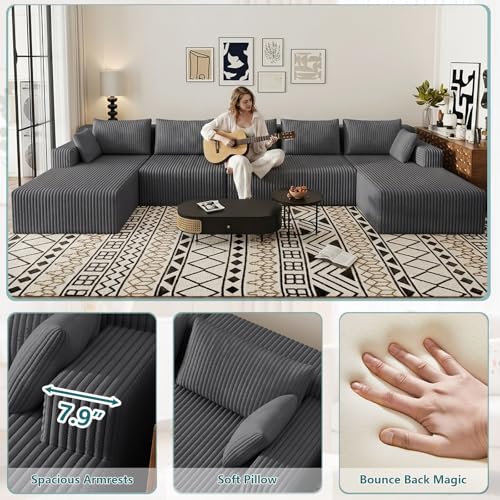 Image of 160 inch U-Shape Cloud Couch, Modern Modular Sectional U-Shape Sofa, Corduroy Boneless Couch Upholstered Couches Deep Seat Sleeper Chaise Longue for Living Room, No Assembly Required,Dark Gray