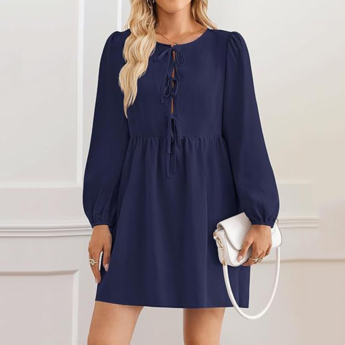 Mini Abito da Donna con Peplo e Fiocco a Maniche,Abiti Autunnali da Donna,Abito Corto con Volant a Trapezio, Grazioso Abito Tunica svolazzante, Grazioso Mini Abito Tunica (XXL,Navy)