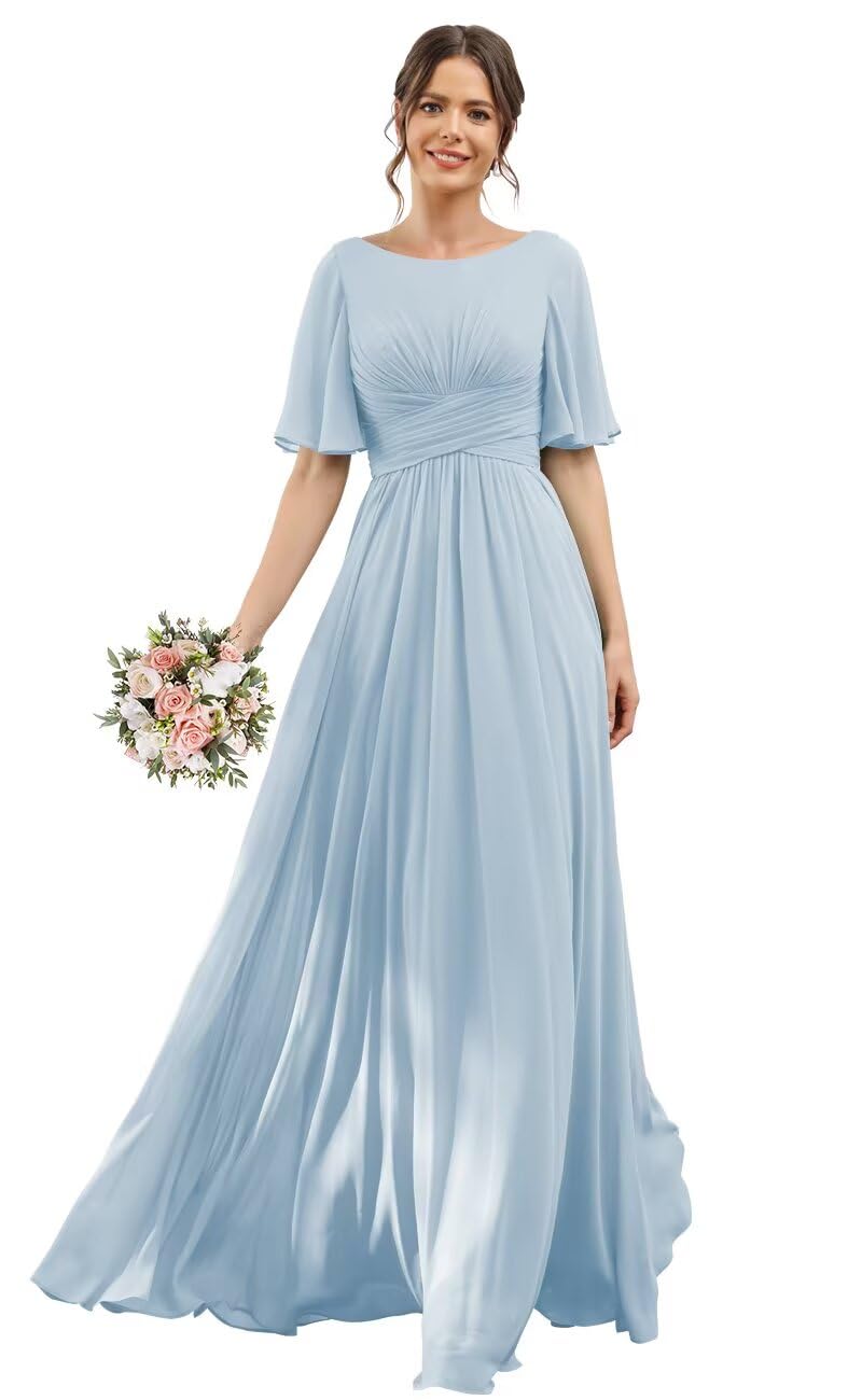 RSOETOO Flutter Sleeve Bridesmaid Dresses with Pockets A-Line Long Chiffon Formal Party Dress RON011