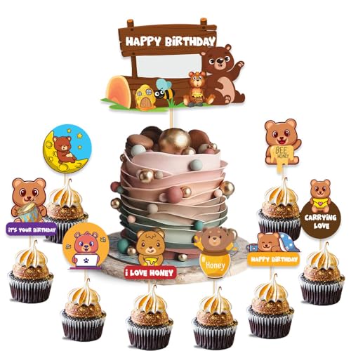 Image of Festiko Set of 9 Pcs Bear Theme Happy Birthday Combo (Cake & Cupcake Toppers), Cake Decoration Supplies, Bear theme birthday decorations