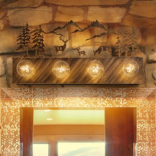 Image of TOCHIC Rustic Bathroom Vanity Light Over Mirror, 4 Lights Farmhouse Light Fixtures for Makeup Shaving, Dimmable Western Deer Sconces Wall Lighting for Mirror Cabinets, Powder Room, 24 inch L