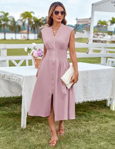 Image of GRACE KARIN Womens Summer Casual Dress, Business Office Work Dresses, Cap Sleeve Zipper Front Flowy Midi Dress with Pockets