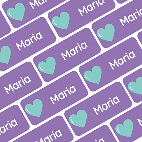 Teddylabels - 120 Personalized Name Labels (1.2” x 0.5”) to Use on Clothes and Gear. Waterproof and Self-Adhesive Labels for Everyone – Toddlers, School Kids, and Parents - Shapes - Purple - 10
