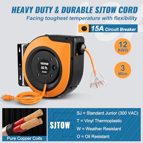 Vevor RETRACTABLE EXTENSION CORD REEL, 65 FT Heavy Duty 12Awg/3C Sjtow Power Cord thumb #2