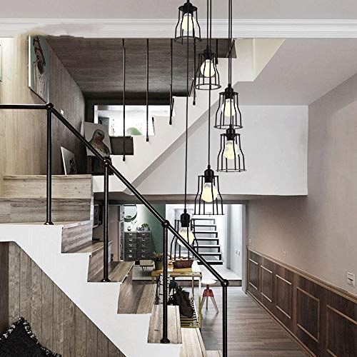 Lustre industriel duplex et escalier rétro en fer forgé à 6 lumières - 6