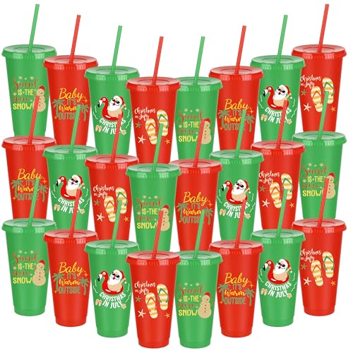 Kochorie 24 Pcs Christmas in July Plastic Cups 24 Oz Reusable Summer Christmas Party Cups with Lids and Straws Thick Plastic Tumbler Bulk for Summer Christmas Party Supplies