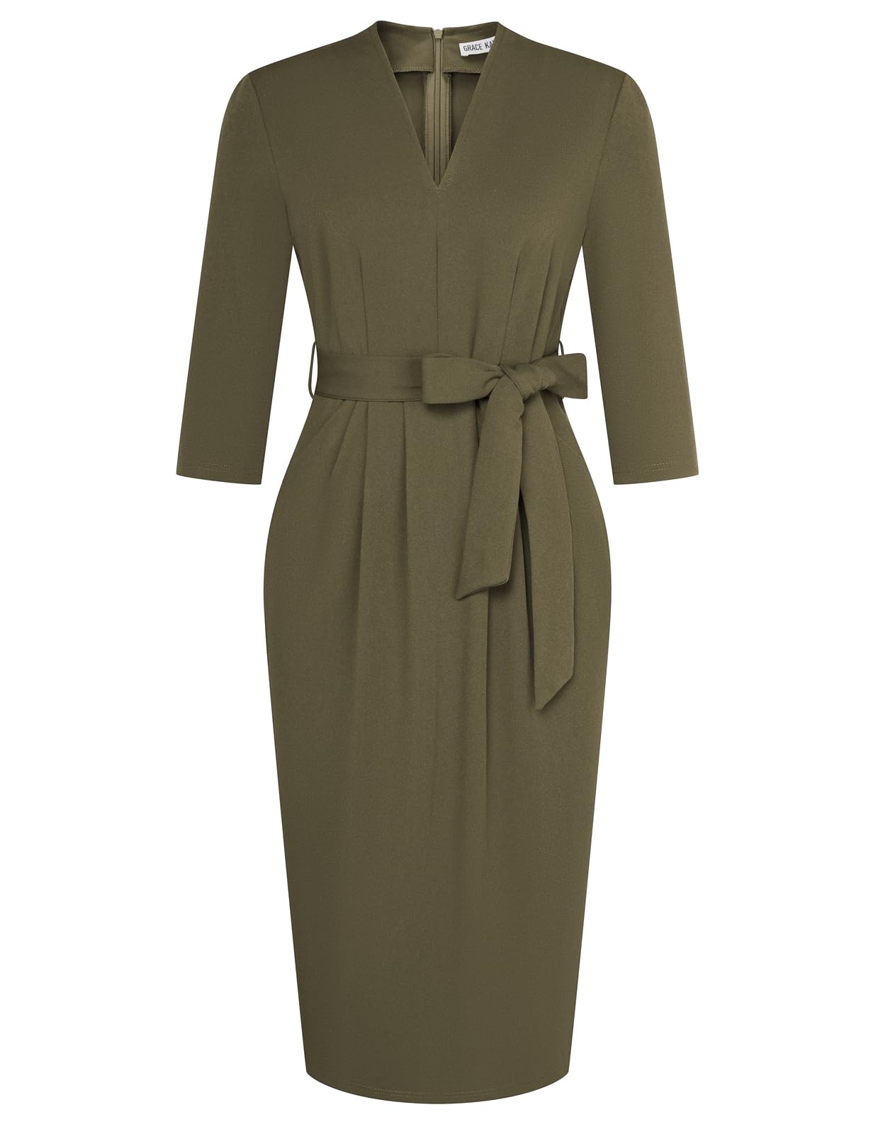 GRACE KARIN Wear to Work Dresses for Women,V Neck 3/4 Sleeve Cocktail Dress,Semi Formal Dresses with Pockets Army Green XL