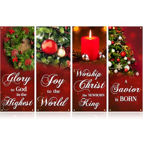FuWeave 4 Pcs Christmas Church Banners with Scripture for Sanctuary Wall Christian Praise Worship Religious Bible Signs for Christmas Church Event Communal Prayers