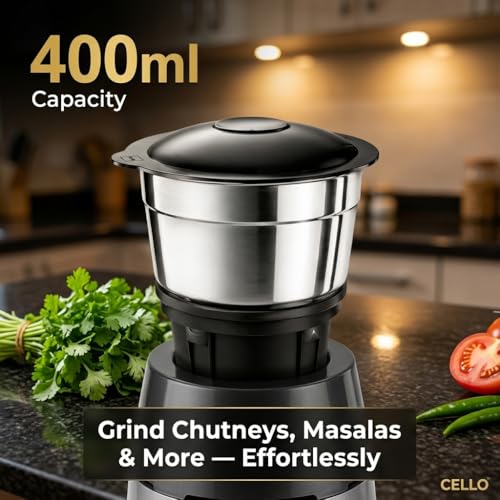 Image of CELLO Stainless Steel Chutney Jar 400ml for Mixer Grinder | Leak-Proof Lid | Food-Grade SS Body | 4 Teeth Compatible | Heavy Duty Grinding Jar for Chutney, Masala & Spices