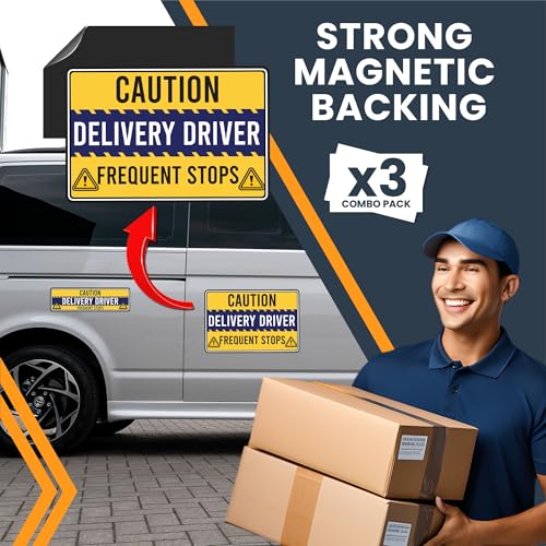 Image of Magnet Me Up Caution Frequent Stops Delivery Driver Automotive Magnet Decal, 3 Pack, Yellow /Blue, Two 8x12 inch and One 3x10 inch, Automotive Magnet for Car, Flex Delivery Driver, Crafted in USA